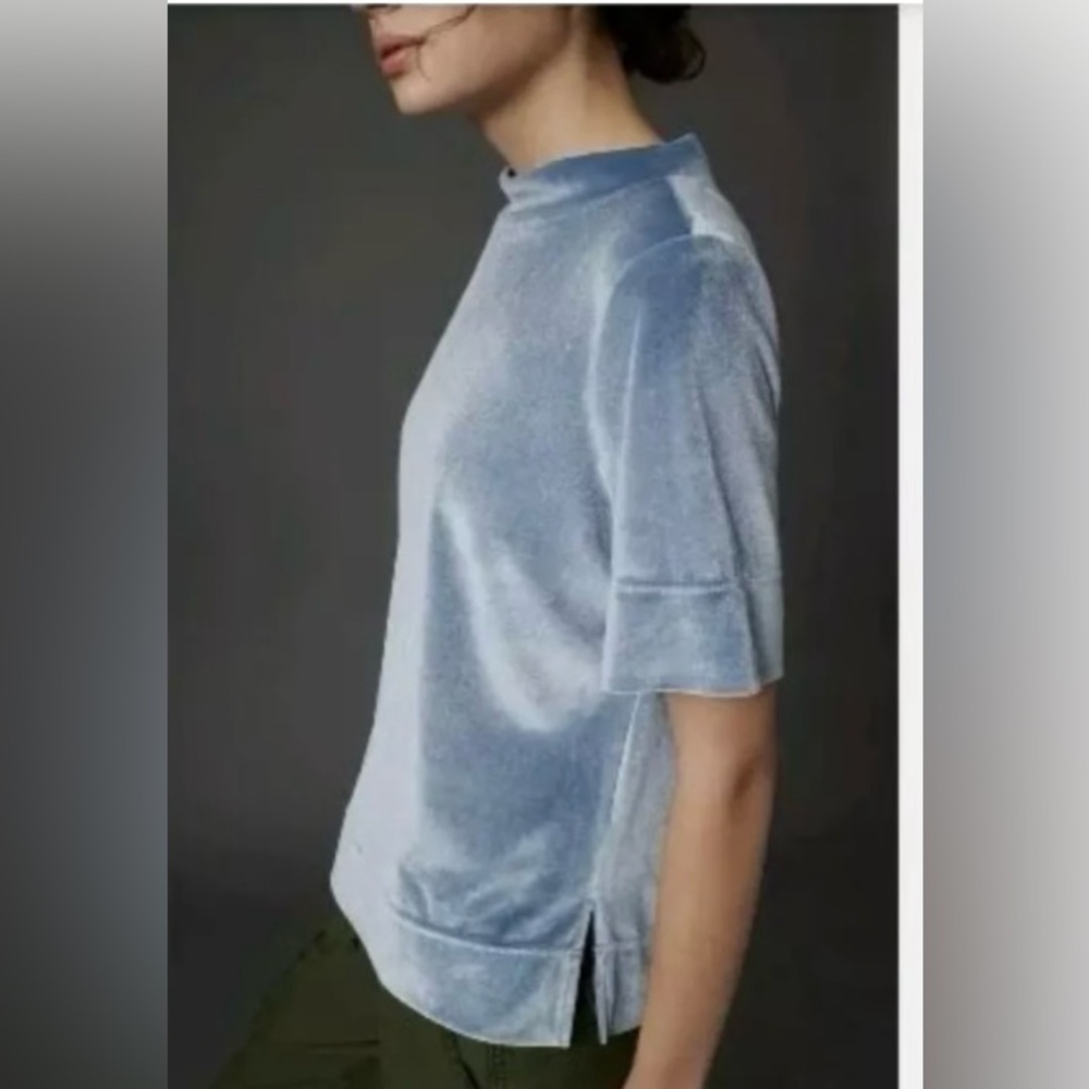Anthropologie Krisha Velvet Mock Neck Top Blouse Short Sleeves Blue Stre… - Picture 3 of 8